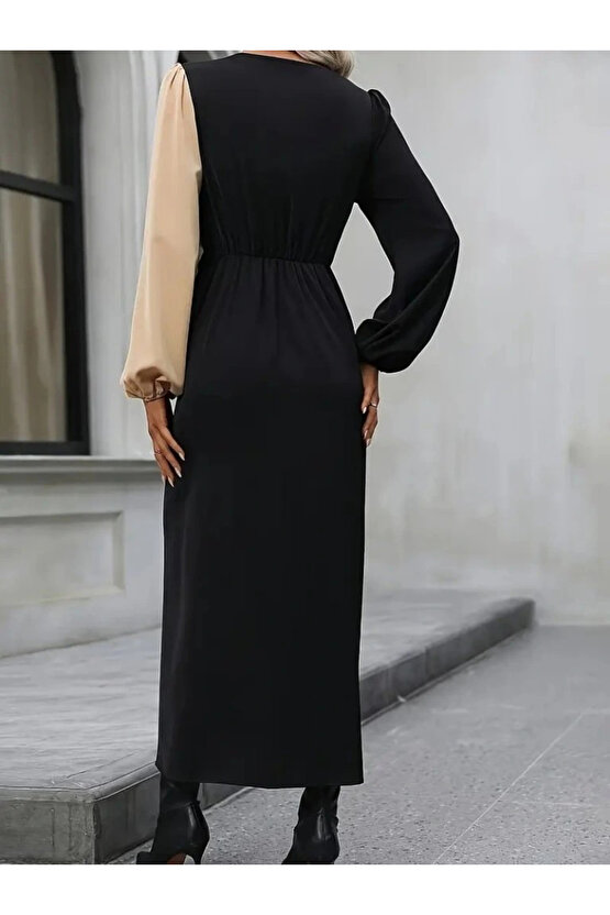 Kadın Uzun Kollu Kruvaze Yakalı Belden çapraz Detaylı çift Renkli Midi Ithal Krep Elbise