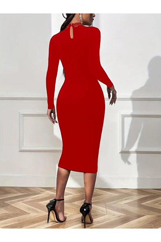 EQURİ Kadın Uzun Kollu Balıkçı Yaka Taşlı Damla Detay Midi Ithal Krep Elbise