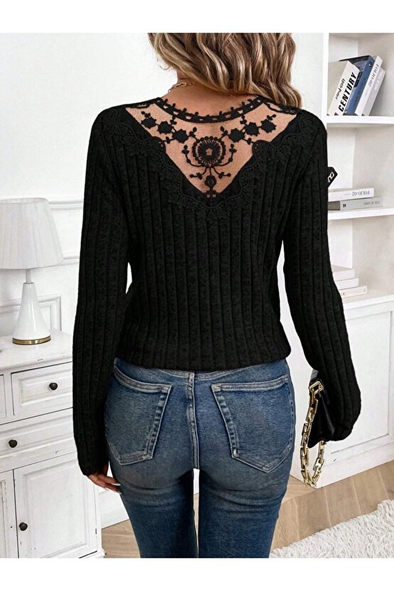 EQURİ Kadın Uzun Kollu V Yakalı Arkadan Dantel Detaylı şardonlu Kaşkorse Bluz