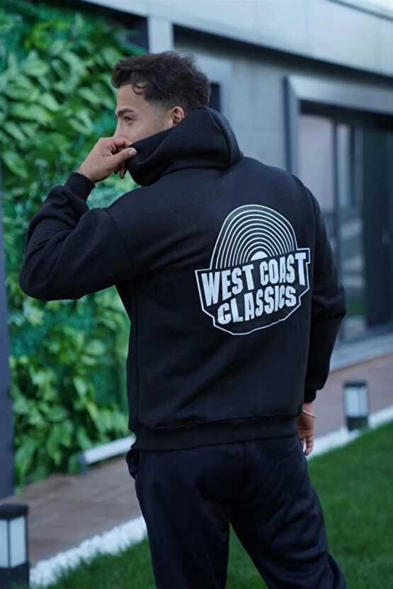 EQURİ Erkek Oversize Üç İplik Kapüşonlu Sweatshirt – Siyah Sırt Ve Ön Baskılı, Kanguru Cepli, Rahat