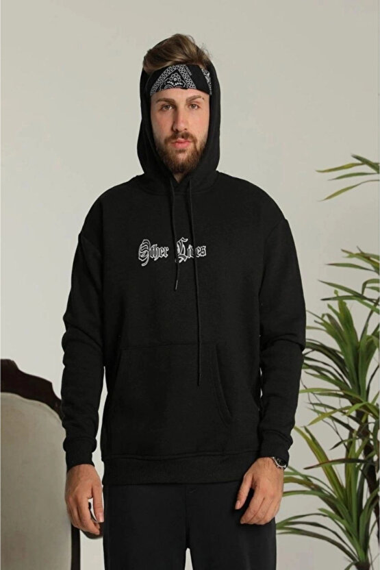 Erkek Kapşonlu Sweatshirt – Oversize Üç İplik Şardonlu Hoodie, Other Lives Ön - Arka Baskılı, Kang