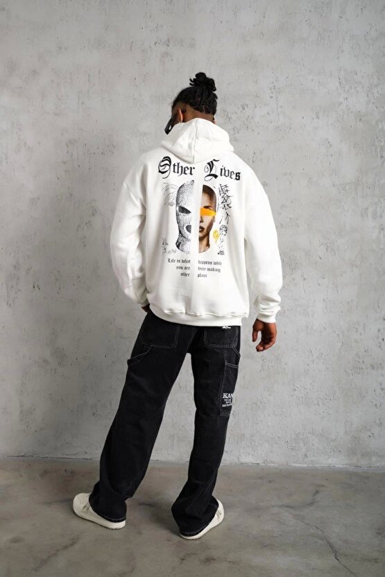 Oversize Üç İplik Şardonlu Kapüşonlu Sweatshirt – Beyaz Other Lives Ön Ve Arka Baskılı, Kang