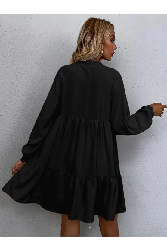 EQURİ Kadın Uzun Kollu Yakadan Bağcıklı Fırfırlı Keten Mini Elbise