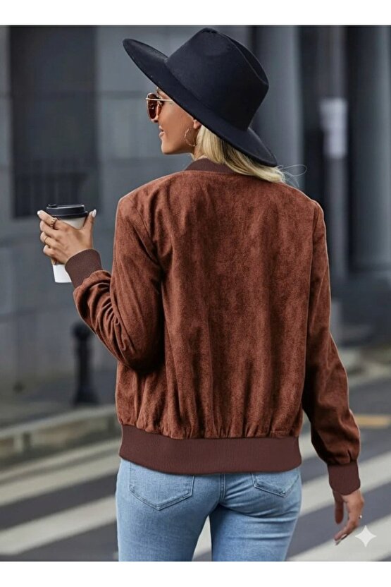 EQURİ Kadın Uzun Kollu önden Fermuarlı Süet Ceket