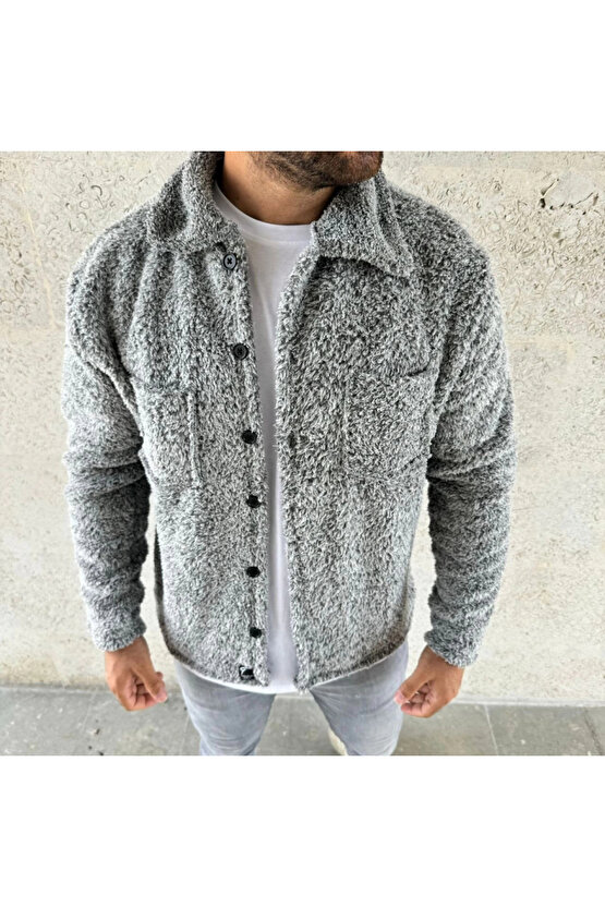 Erkek Pelüş Polar Hırka Gömlek – Yakalı, İlik Düğmeli, Göğüs Cepli, Yumuşak Dokulu Kışlık Regular Fi