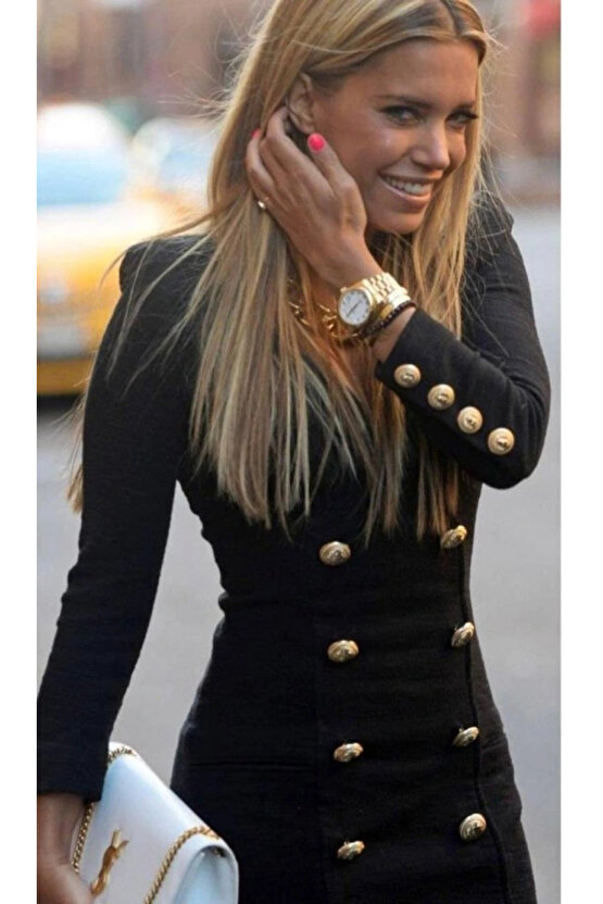 Kadın Uzun Kollu V Yaka Düğme Detay Ceket Elbise