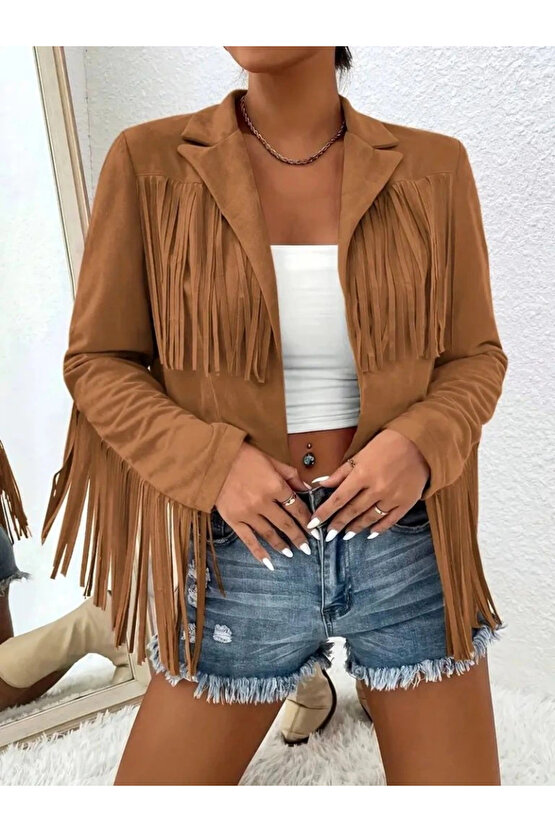 Kadın Uzun Kollu Yakalı Kısa Püsküllü Süet Ceket