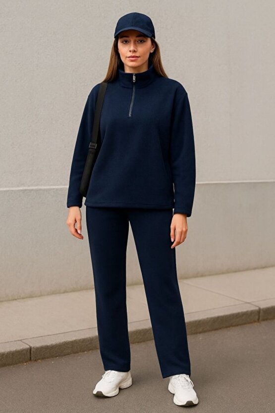 EQURİ Kadın Balıkçı Yaka Fermuar Detay Polar Sweat Ve Pantolon Ikili Takım