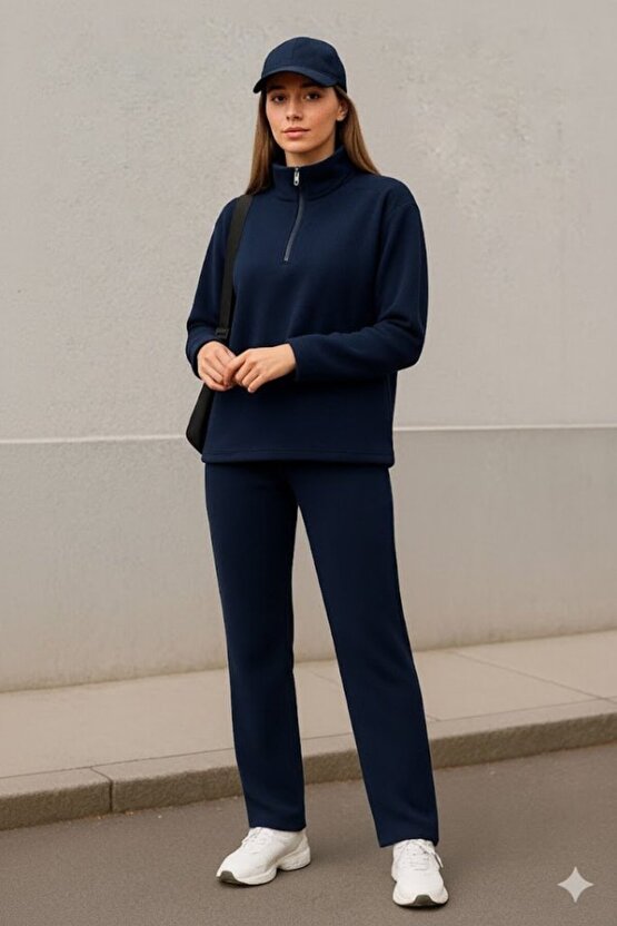 EQURİ Kadın Balıkçı Yaka Fermuar Detay Polar Sweat Ve Pantolon Ikili Takım