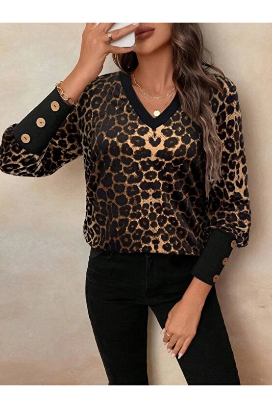 MDB Kadın Uzun Kollu V Yakalı Desenli Süprem Bluz