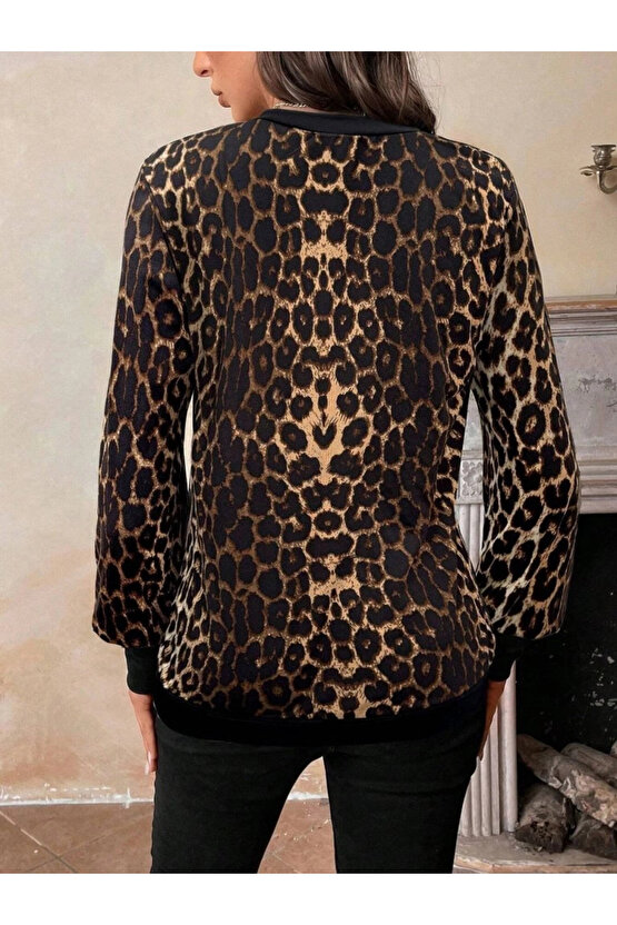 MDB Kadın Uzun Kollu V Yakalı Desenli Süprem Bluz