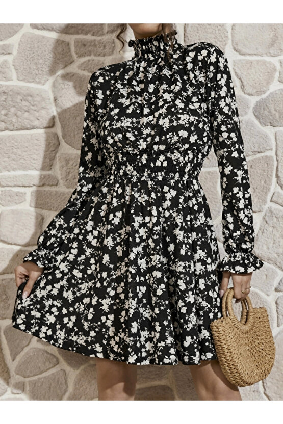 Kadın Uzun Kollu Balıkçı Yaka çiçek Baskılı Helen Kumaş Elbise