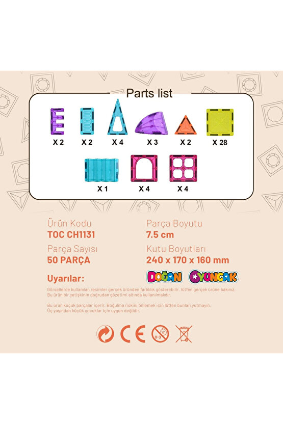 Orijinal Magnetic Tiles 50 Parça Manyetik Oyuncak - Magnetic Magical Magnet - Mıknatıslı Oyuncak