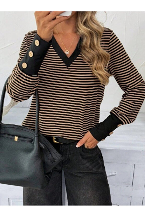 Kadın Uzun Kollu V Yakalı Desenli Süprem Bluz