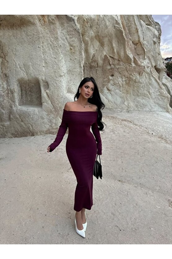 EQURİ Kadın Uzun Kollu Madonna Yaka Midi Boy Elbise