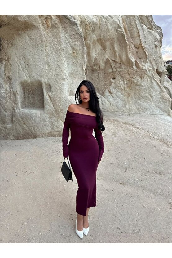 EQURİ Kadın Uzun Kollu Madonna Yaka Midi Boy Elbise