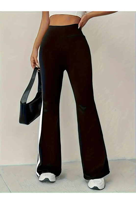 Kadın Yüksek Bel İspanyol Paçalı Yanlardan şerit Detaylı Dalgıç Tayt Pantolon