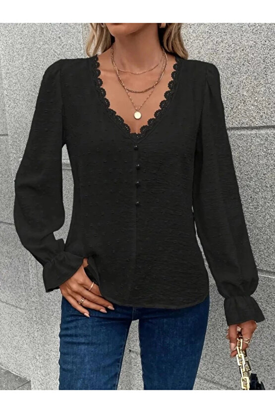 MDB Kadın Uzun Kollu V Yakalı önden Düğmeli Bluz