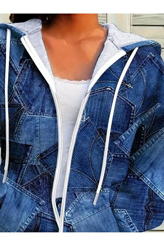 MDB Kadın Uzun Kollu Kapşonlu Fermuarlı Kot Desenli Bağcıklı Modal Ceket