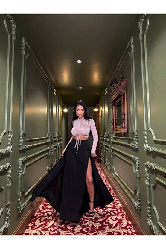 Kadın Asansör Büzgü Detay Krom Ve Derin Yırtmaçlı Maxi Boy Etek Ikili Takım