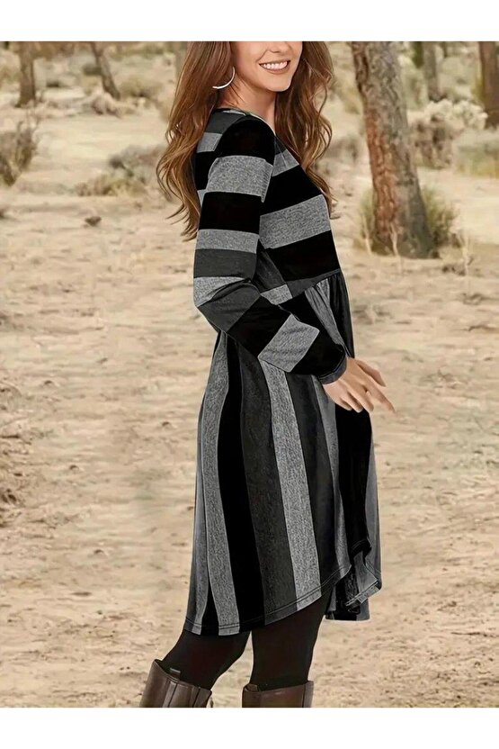 Kadın Uzun Kollu Bisiklet Yaka çizgili Desen Detaylı Süprem Mini Elbise