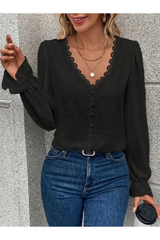 MDB Kadın Uzun Kollu V Yakalı önden Düğmeli Bluz