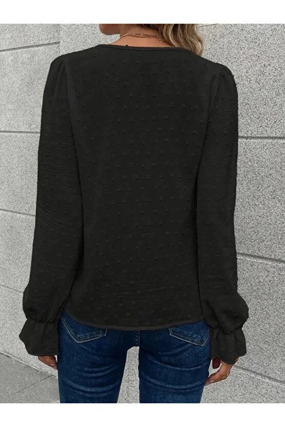 MDB Kadın Uzun Kollu V Yakalı önden Düğmeli Bluz