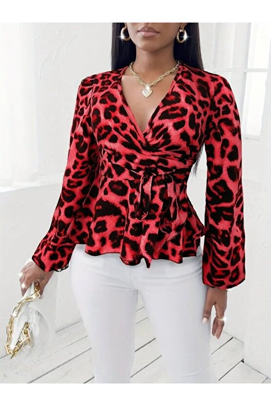 EQURİ Kadın Uzun Kollu Kruvaze Yakalı Belden Kuşaklı Leopar Desenli Süprem Bluz