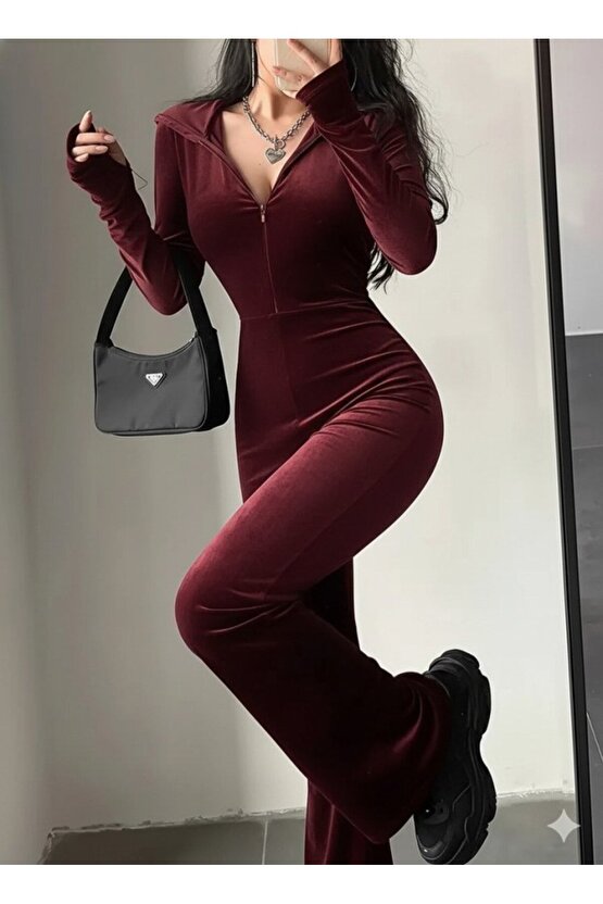 EQURİ Kadın Uzun Kollu Kapşonlu Fermuarlı Kadife Tulum