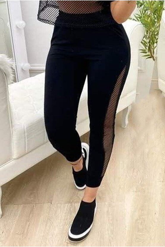 EQURİ Kadın Yüksek Bel File Detaylı Dar Kesim Viskon Iki Iplik Pantolon