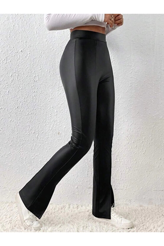 MDB Kadın Yüksek Bel önden Yırtmaçlı Deri Tayt