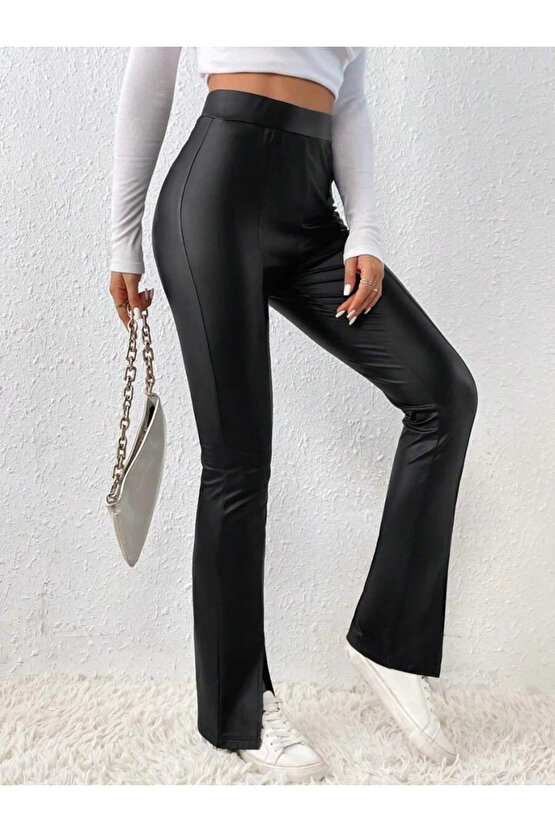 MDB Kadın Yüksek Bel önden Yırtmaçlı Deri Tayt