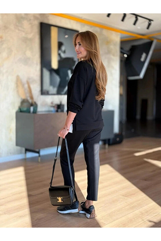 Kadın Uzun Kollu Bisiklet Yaka Ribana Detay Sweat Ve Pantolon Ikili Takım