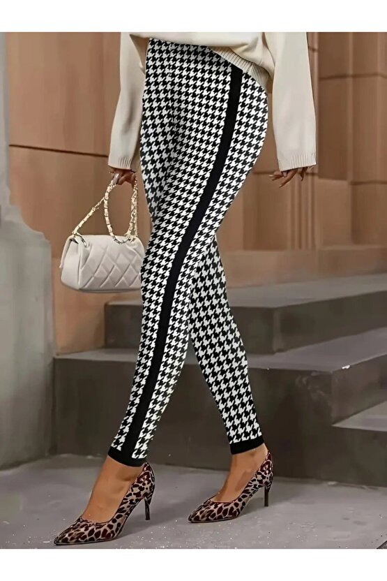 EQURİ Kadın Yüksek Bel Kaz Ayağı Desenli Yanları şeritli Dalgıç Pantolon