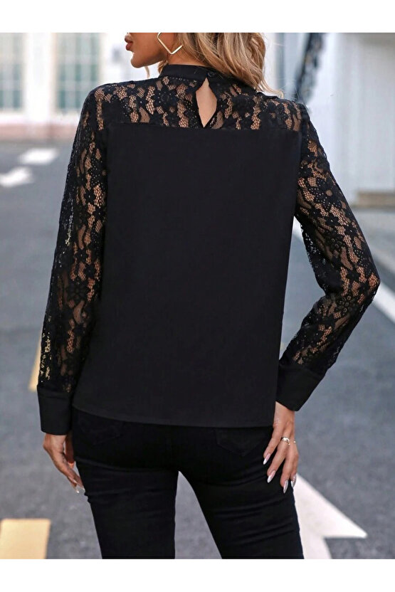 Kadın Uzun Kollu Yarı Balıkçı Yaka Dantelli Sandy Bluz