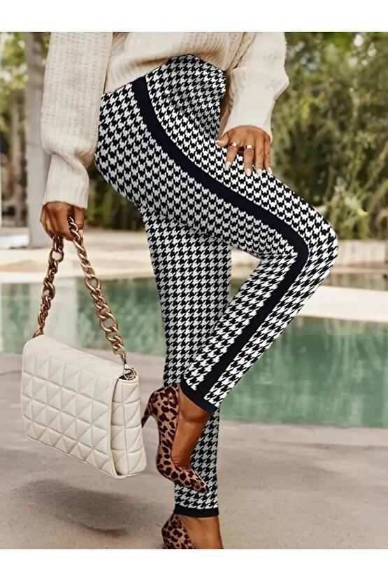 EQURİ Kadın Yüksek Bel Kaz Ayağı Desenli Yanları şeritli Dalgıç Pantolon