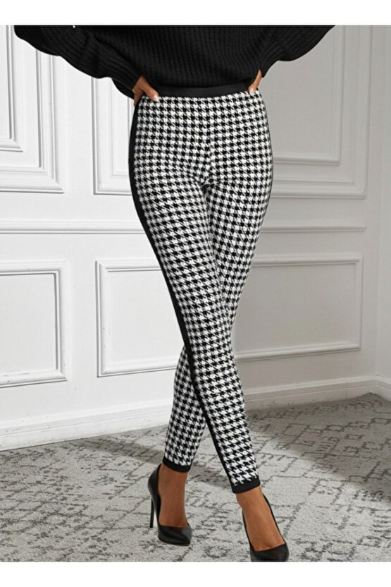 EQURİ Kadın Yüksek Bel Kaz Ayağı Desenli Yanları şeritli Dalgıç Pantolon