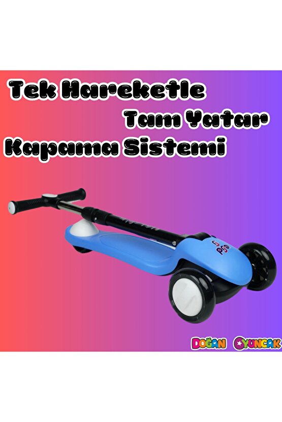 Lupa Katlanabilir Işıklı 3 Tekerlekli Mavi Scooter - Işıklı Scooter - Slikon Teker Scooter - Çocuk S