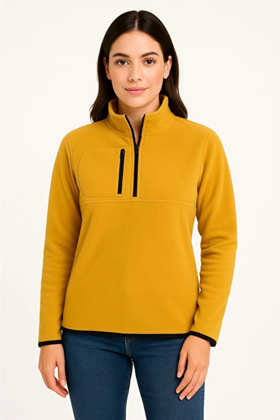 EQURİ Polar Kazak – Dik Yaka, Yarım Fermuarlı, Fermuarlı Göğüs Cepli, Siyah Biyeli, Kışlık Rahat Reg