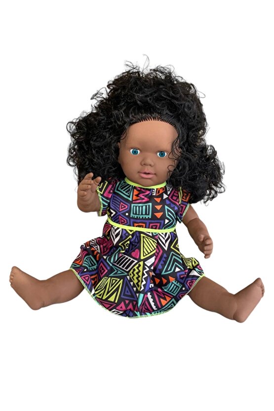 Oynar Gözlü Türkçe Konuşan Siyahi Nazlı Saçlı Et Bebek 60 Cm. - Konuşabilen Bebek - Saçlı Büyük Bebe