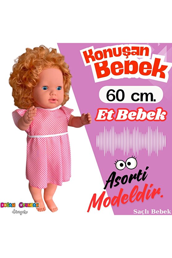 Oynar Gözlü Türkçe Konuşan Nazlı Saçlı Et Bebek 60 Cm. - Konuşabilen Bebek - Saçlı Büyük Bebek