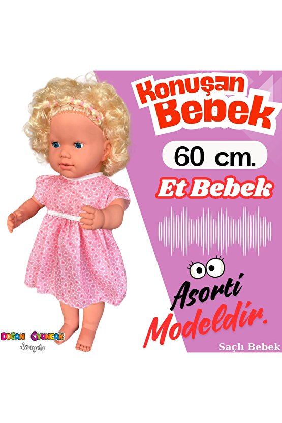 Oynar Gözlü Türkçe Konuşan Nazlı Saçlı Et Bebek 60 Cm. - Konuşabilen Bebek - Saçlı Büyük Bebek