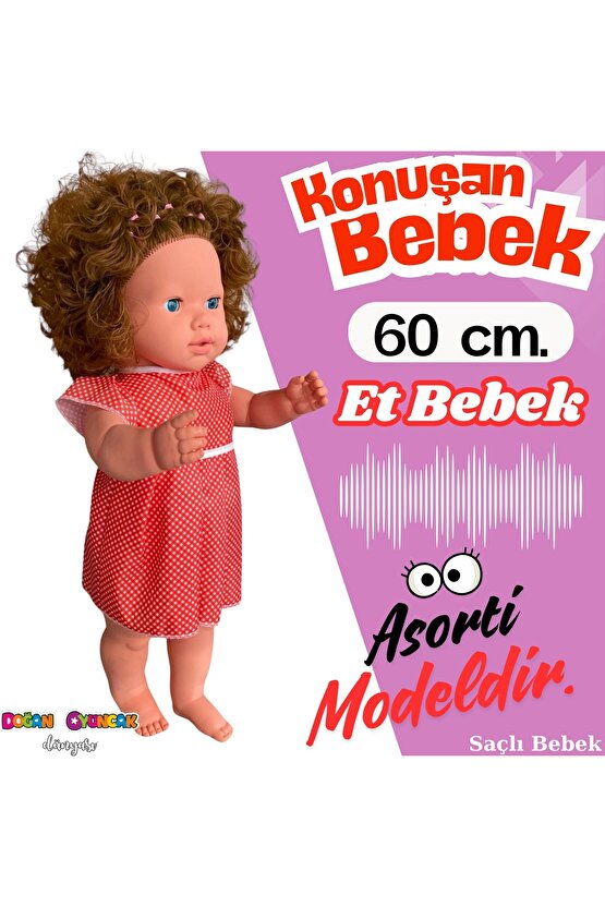 Oynar Gözlü Türkçe Konuşan Nazlı Saçlı Et Bebek 60 Cm. - Konuşabilen Bebek - Saçlı Büyük Bebek