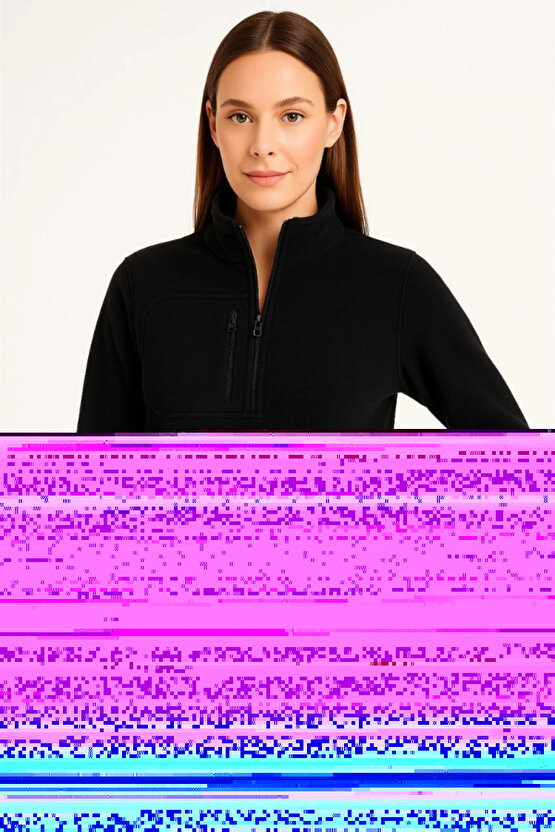 EQURİ Polar Kazak – Dik Yaka, Yarım Fermuarlı, Fermuarlı Göğüs Cepli, Siyah Biyeli, Kışlık Rahat Reg