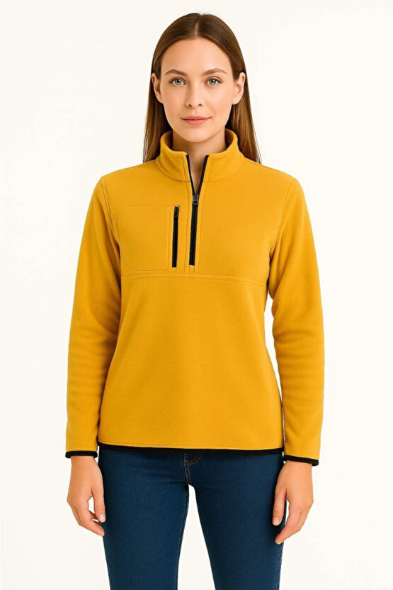 EQURİ Polar Kazak – Dik Yaka, Yarım Fermuarlı, Fermuarlı Göğüs Cepli, Siyah Biyeli, Kışlık Rahat Reg