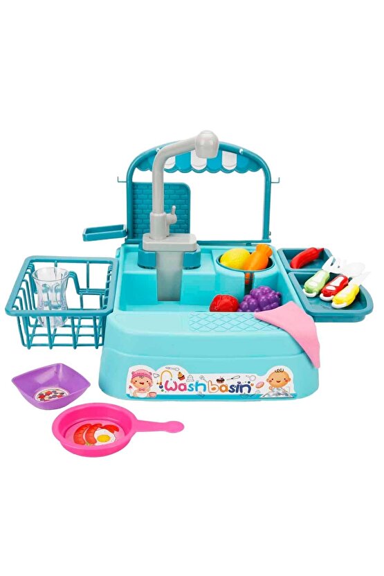 Mavi Su Akıtan Mutfak Lavabosu Seti - Çeşmeli Sesli Lavabo - Mutfak Seti - Su Akan Musluk - Akan Mus