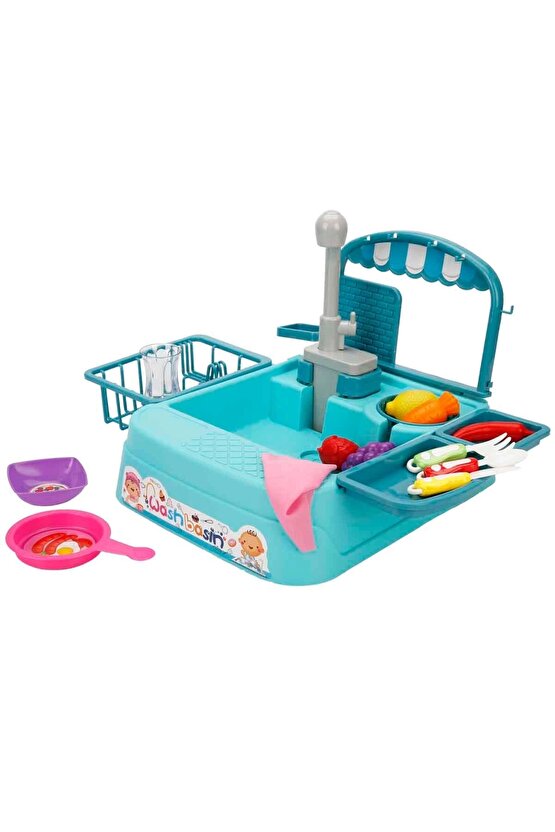 Mavi Su Akıtan Mutfak Lavabosu Seti - Çeşmeli Sesli Lavabo - Mutfak Seti - Su Akan Musluk - Akan Mus