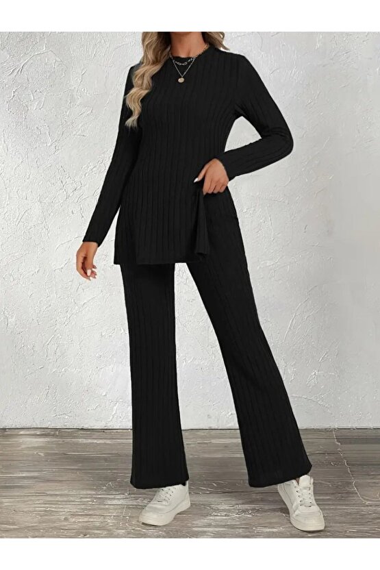 EQURİ Kadın Uzun Kollu Bisiklet Yaka Yandan Yırtmaçlı şardonlu Kaşkorse Bluz Ve Pantolon Ikili Takım