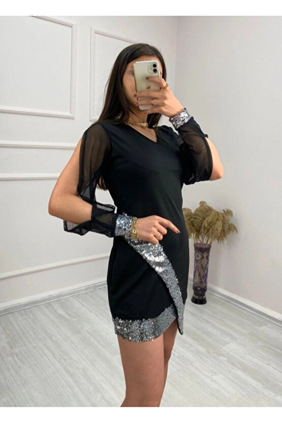 Kadın Uzun Kollu V Yakalı Pulpayetli Ithal Krep Mini Elbise