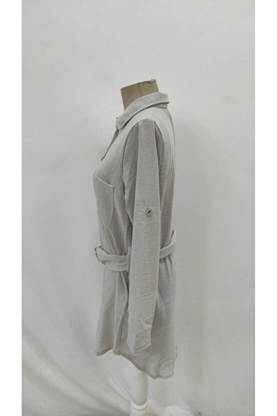 EQURİ Kadın Uzun Kollu Yakalı önden Düğmeli Beli Kuşaklı Mini Ithal Keten Elbise